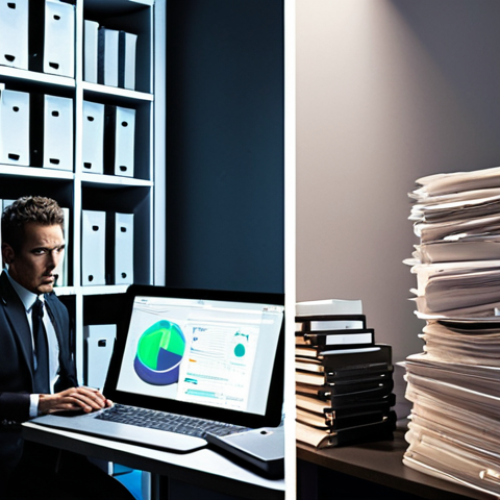 **Prompt:** "A powerful split image showing the evolution of document management in real estate. On the left, a chaotic office desk buried under towering stacks of paper contracts, invoices, and overflowing folders, with a stressed individual frantically searching. On the right, the same person, now calm and confident, effortlessly navigating a sleek, organized digital document system on a modern tablet or holographic display, with a secure cloud icon visible. The left side is dimly lit and messy, while the right side is bright, futuristic, and orderly, symbolizing freedom, security, and global access. High contrast, professional lighting, realistic details."