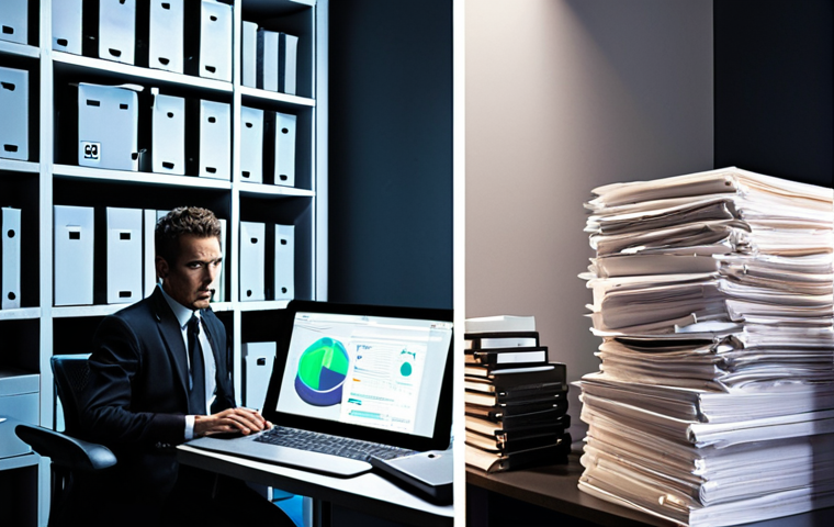 **Prompt:** "A powerful split image showing the evolution of document management in real estate. On the left, a chaotic office desk buried under towering stacks of paper contracts, invoices, and overflowing folders, with a stressed individual frantically searching. On the right, the same person, now calm and confident, effortlessly navigating a sleek, organized digital document system on a modern tablet or holographic display, with a secure cloud icon visible. The left side is dimly lit and messy, while the right side is bright, futuristic, and orderly, symbolizing freedom, security, and global access. High contrast, professional lighting, realistic details."